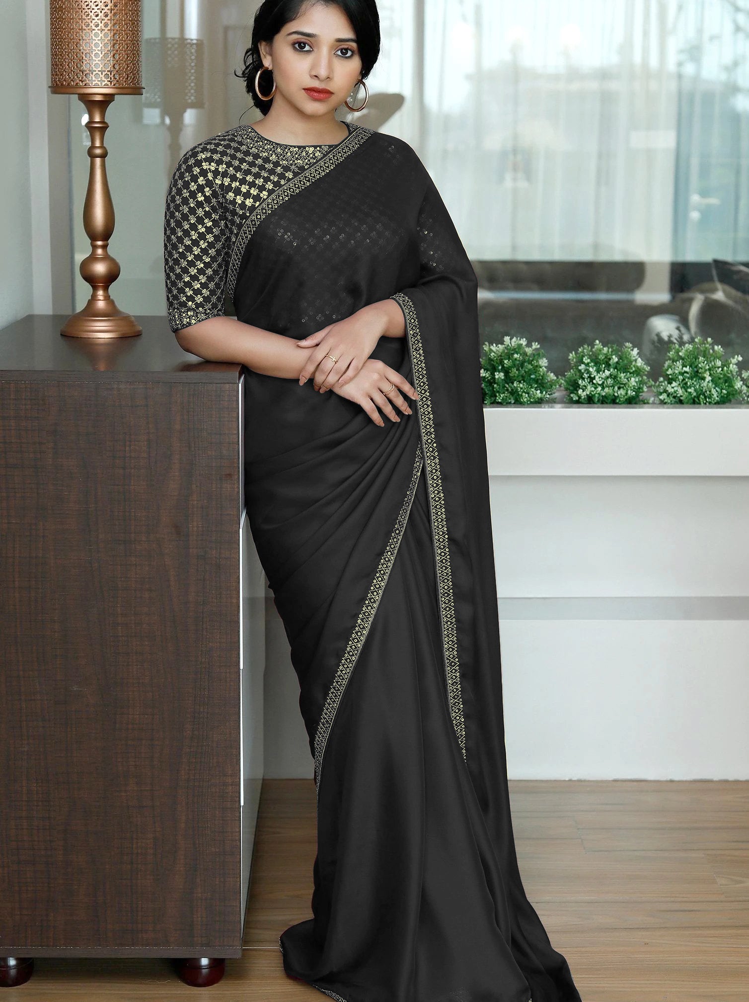 Black Saree In Two Tone Silk With Sequence Work