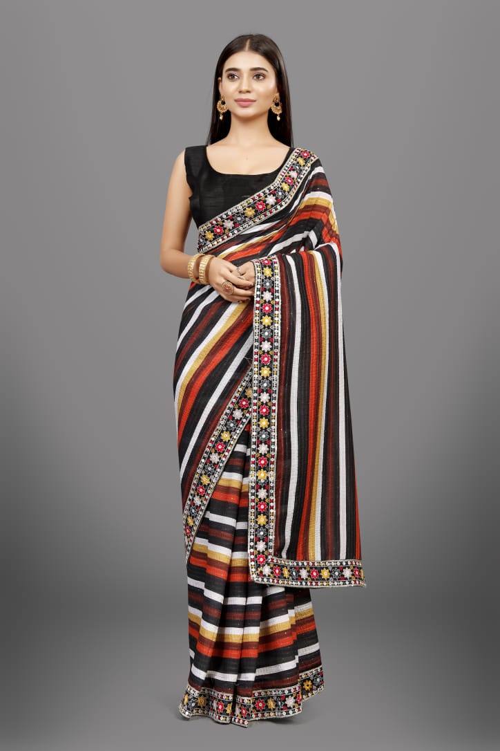 Black Saree In Vichitra Silk With Digital Print