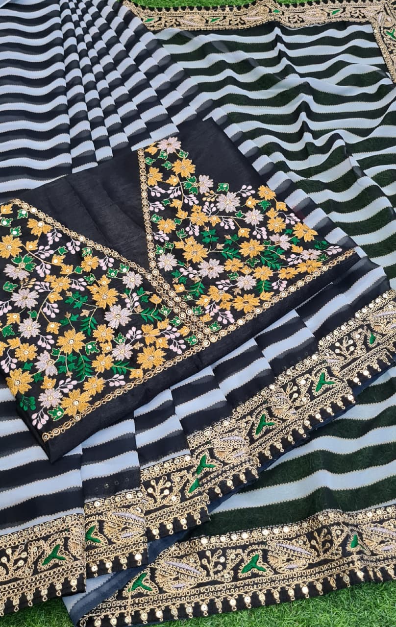 Black White Saree In 60 GM Georgette With Digital Print