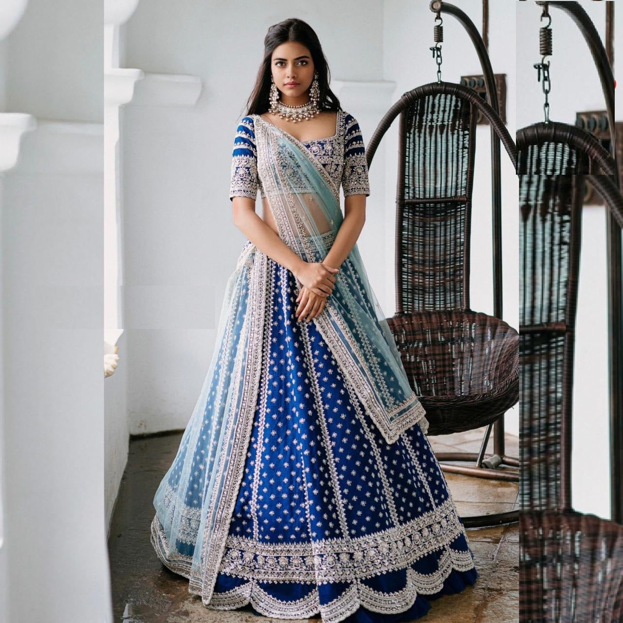 Blue Lehenga Choli In Velvet With Embroidery Work