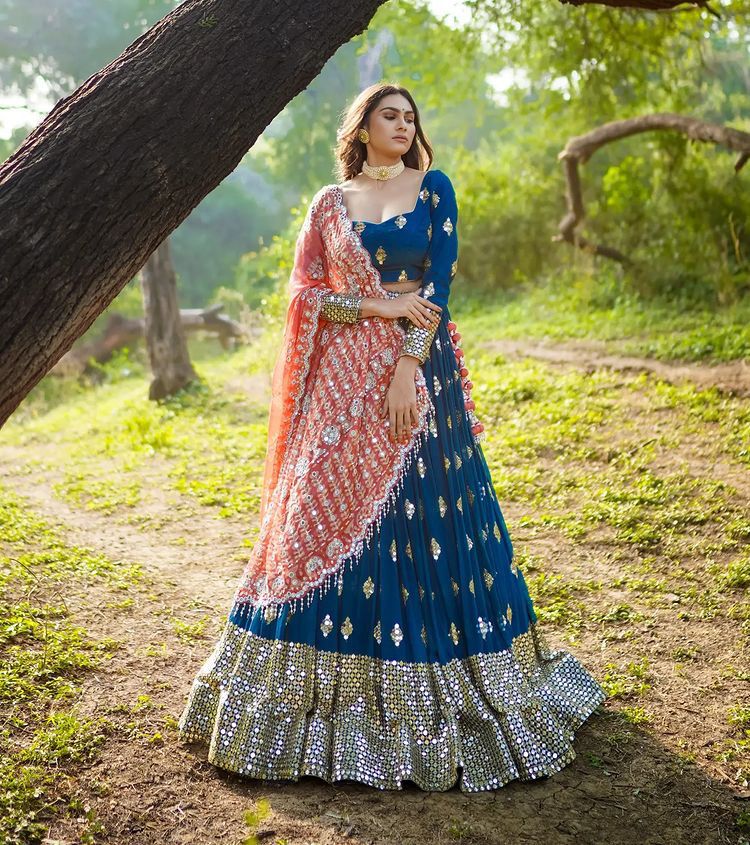 Blue Lehenga Choli In Butter Silk With Digital Print