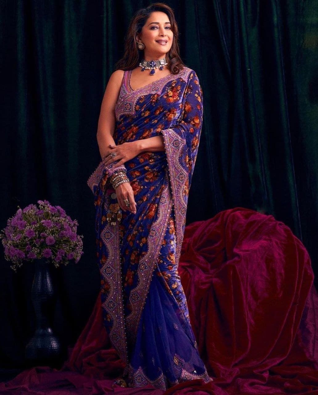 Blue Saree In Fox Georgette With Digital Print