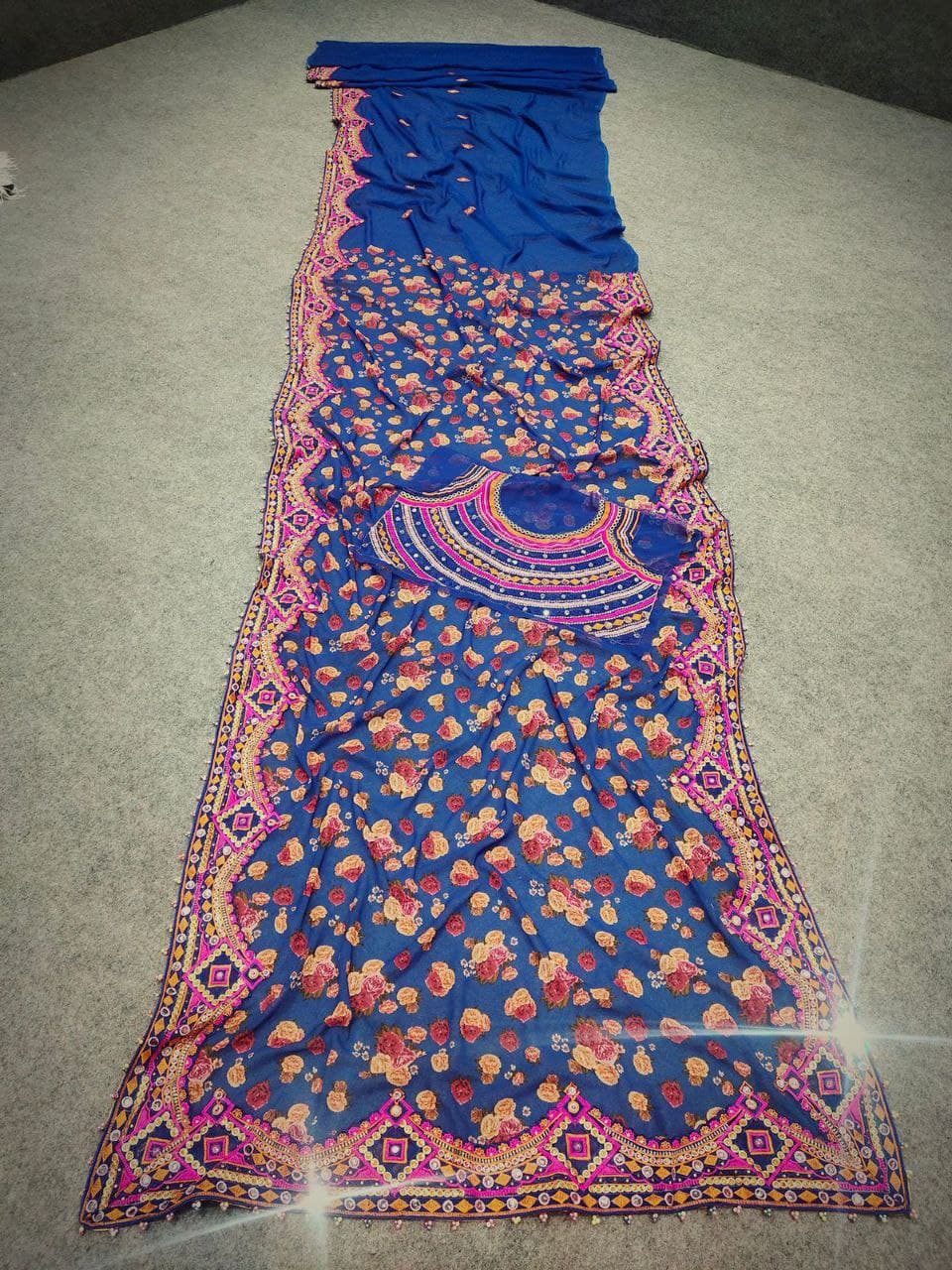 Blue Saree In Fox Georgette With Digital Print