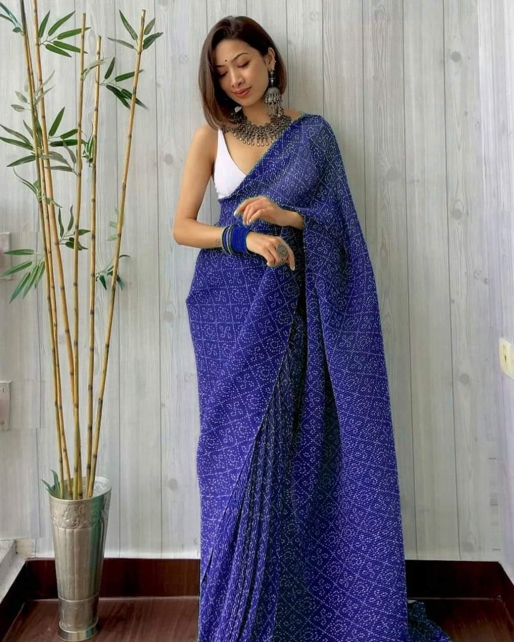 Blue Saree In Georgette Silk With Digital Print