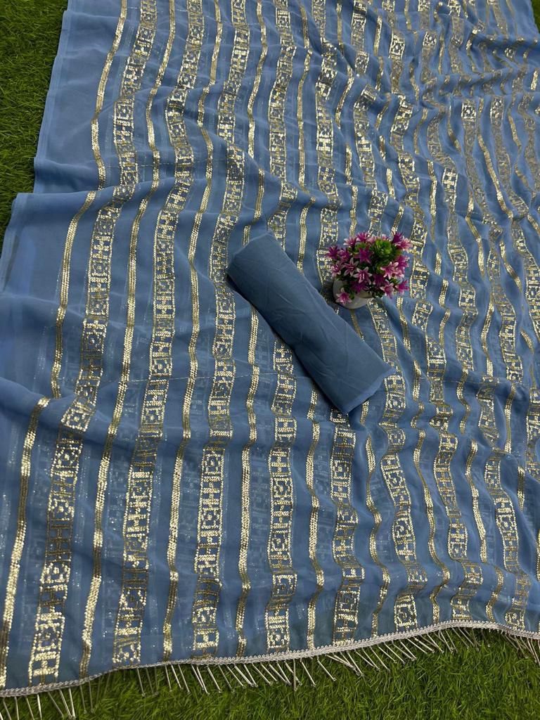 Blue Gray Saree In Georgette Silk With Embroidery Work