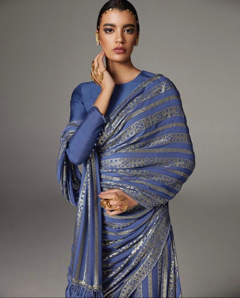 Blue Gray Saree In Georgette Silk With Embroidery Work