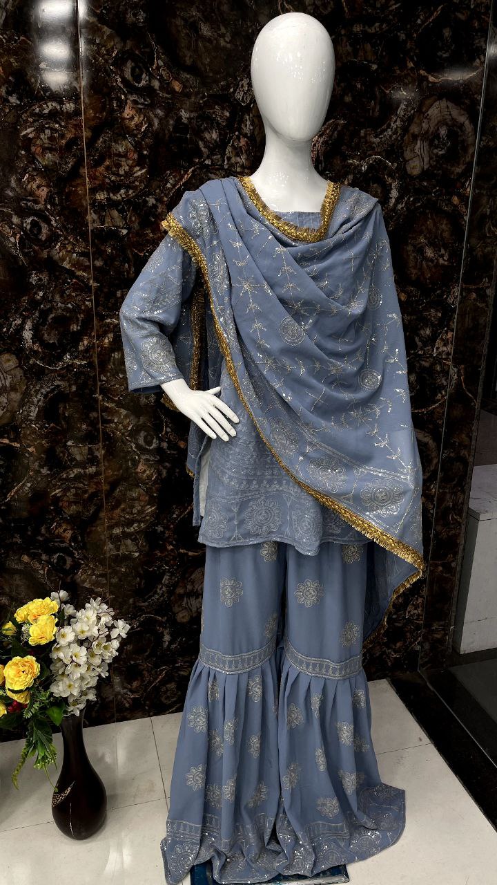 Blue Gray Sharara Suit In Georgette Silk With Sequence Work