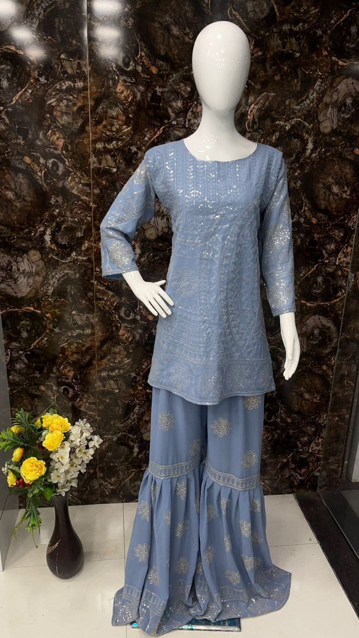 Blue Gray Sharara Suit In Georgette Silk With Sequence Work