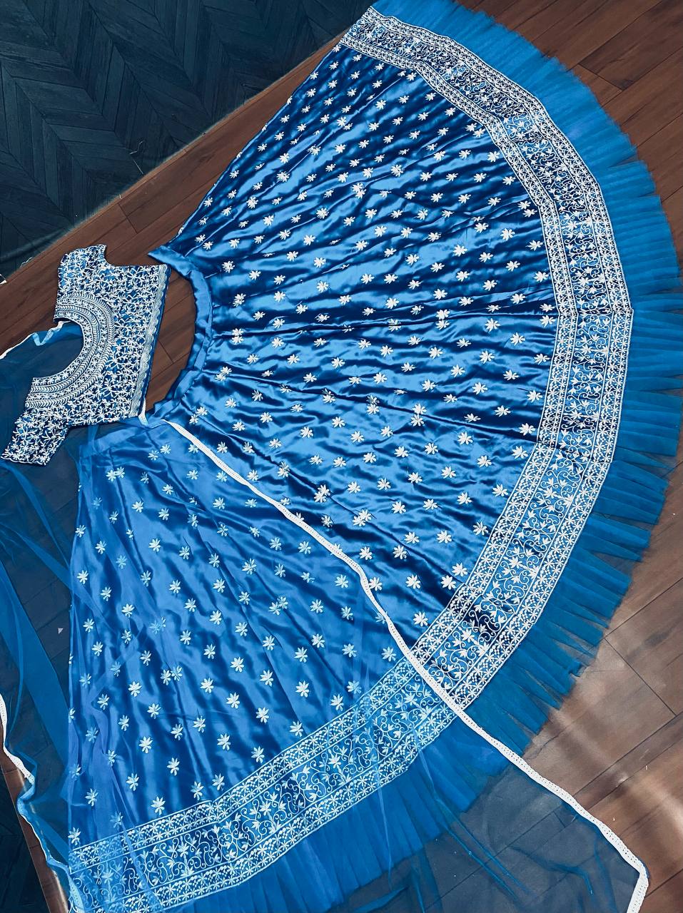 Blue Lehenga Choli In Malai Satin With Embroidery Work