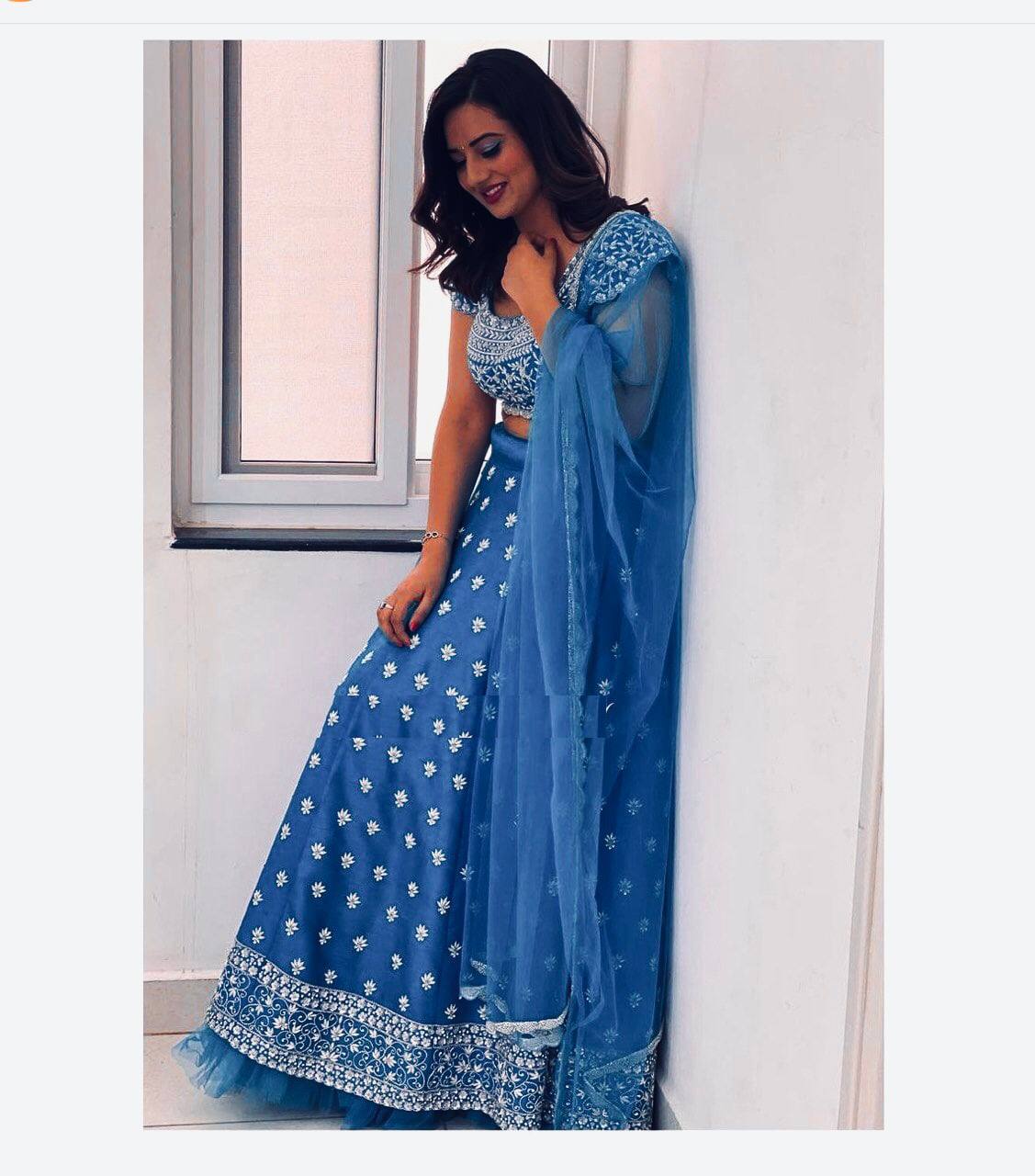 Blue Lehenga Choli In Malai Satin With Embroidery Work