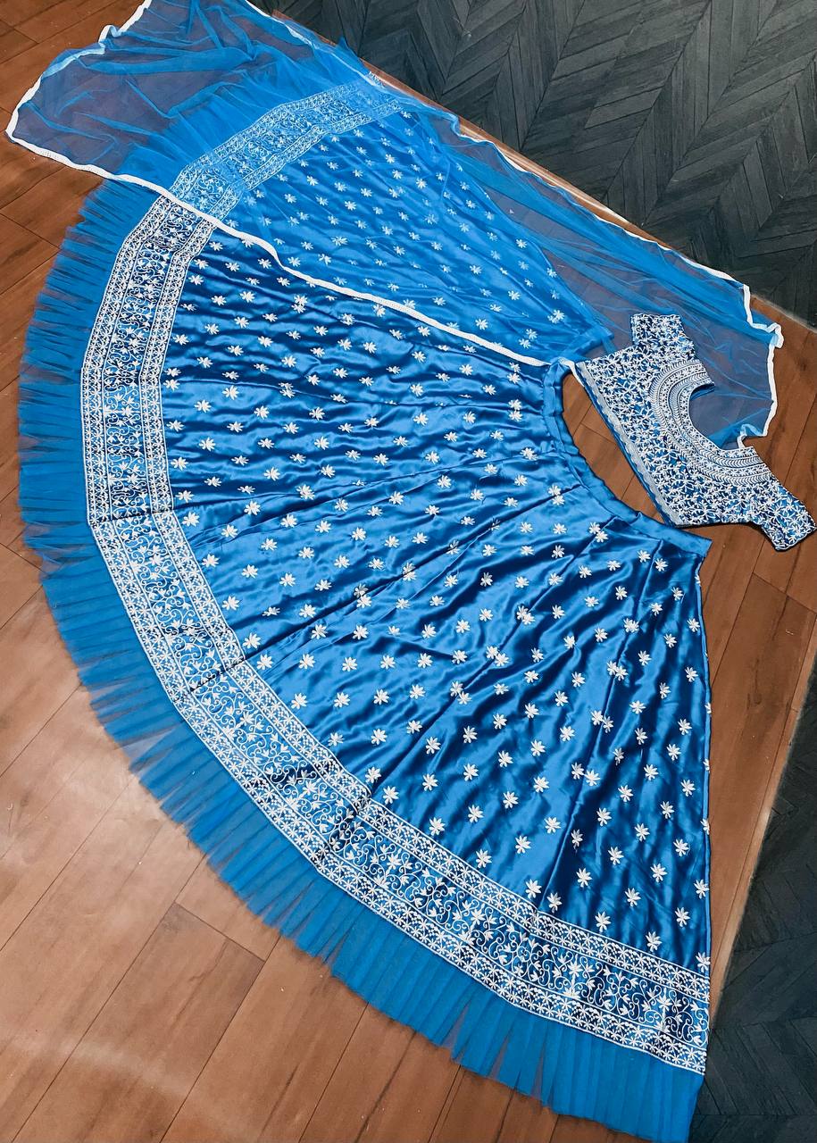 Blue Lehenga Choli In Malai Satin With Embroidery Work