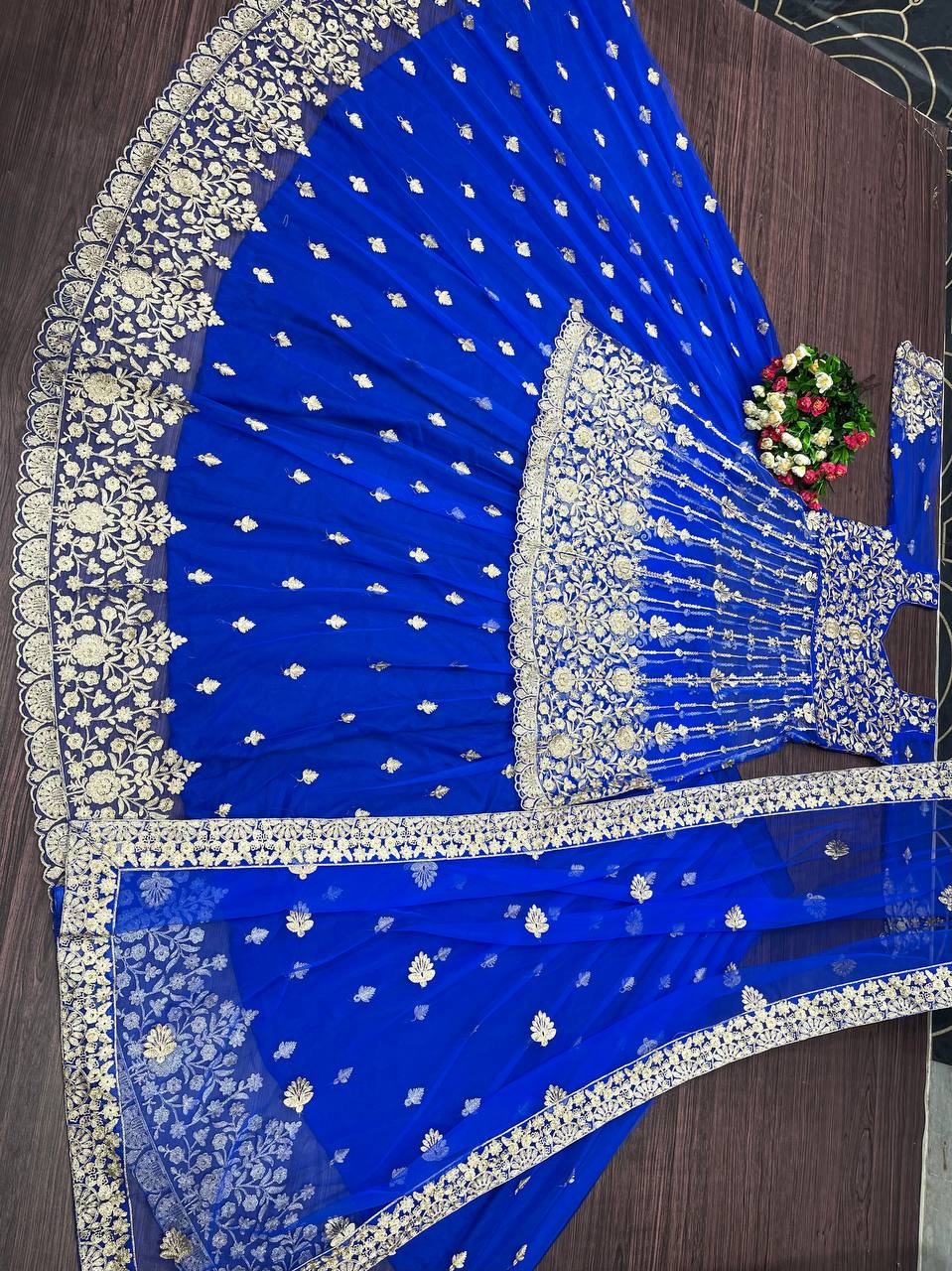 Blue Lehenga Choli In Nylon Mono Net With Chain Stitch Work