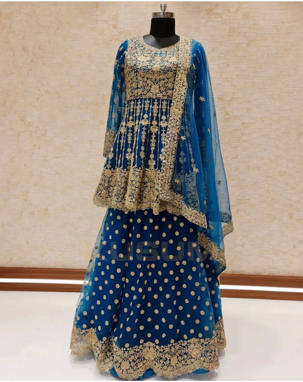 Blue Lehenga Choli In Nylon Mono Net With Chain Stitch Work