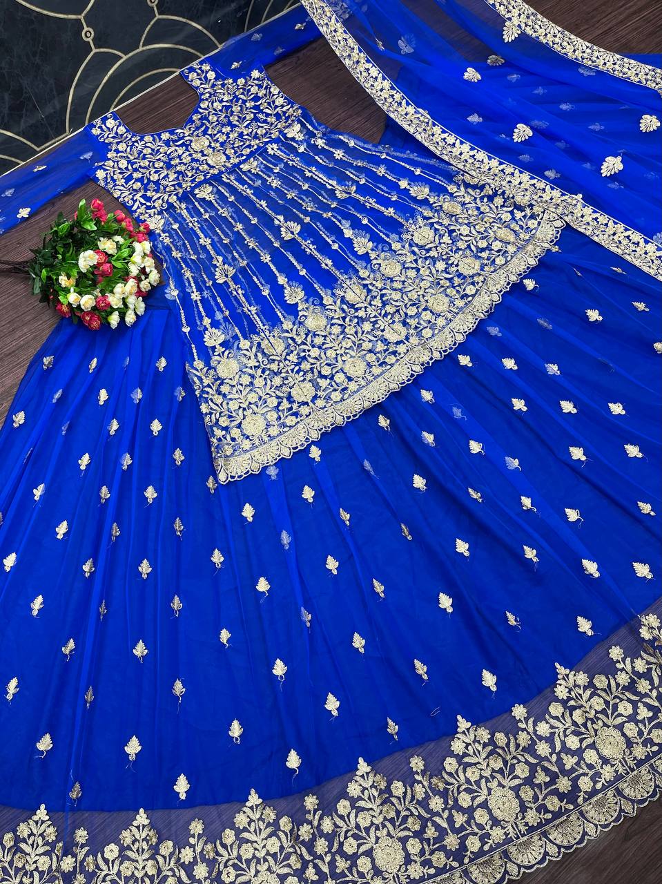 Blue Lehenga Choli In Nylon Mono Net With Chain Stitch Work