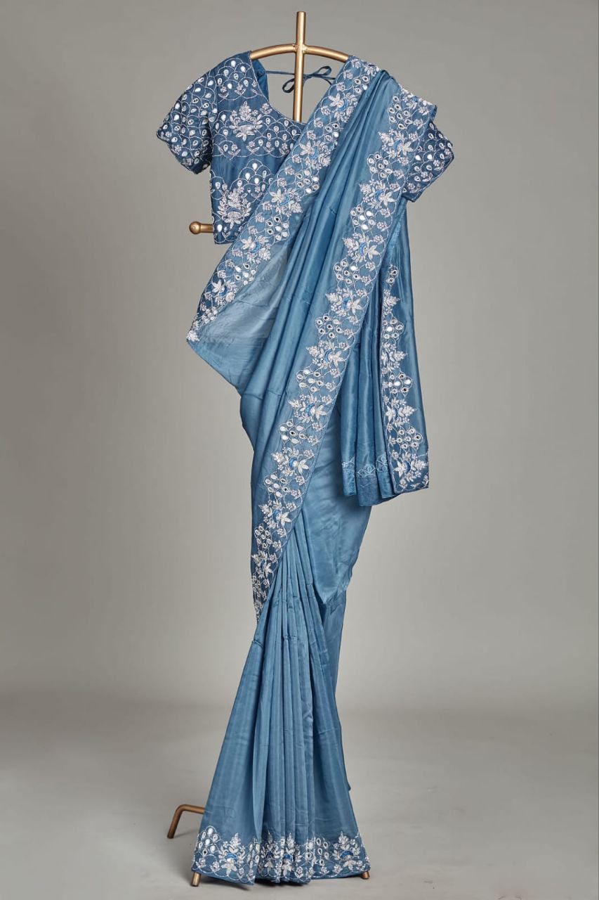 Blue Saree In Organza Silk With Thread Work