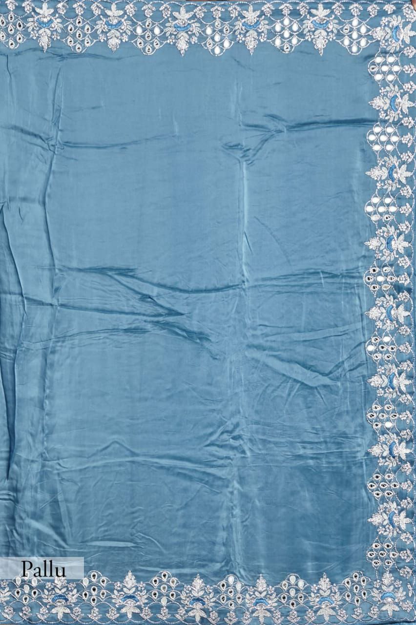 Blue Saree In Organza Silk With Thread Work