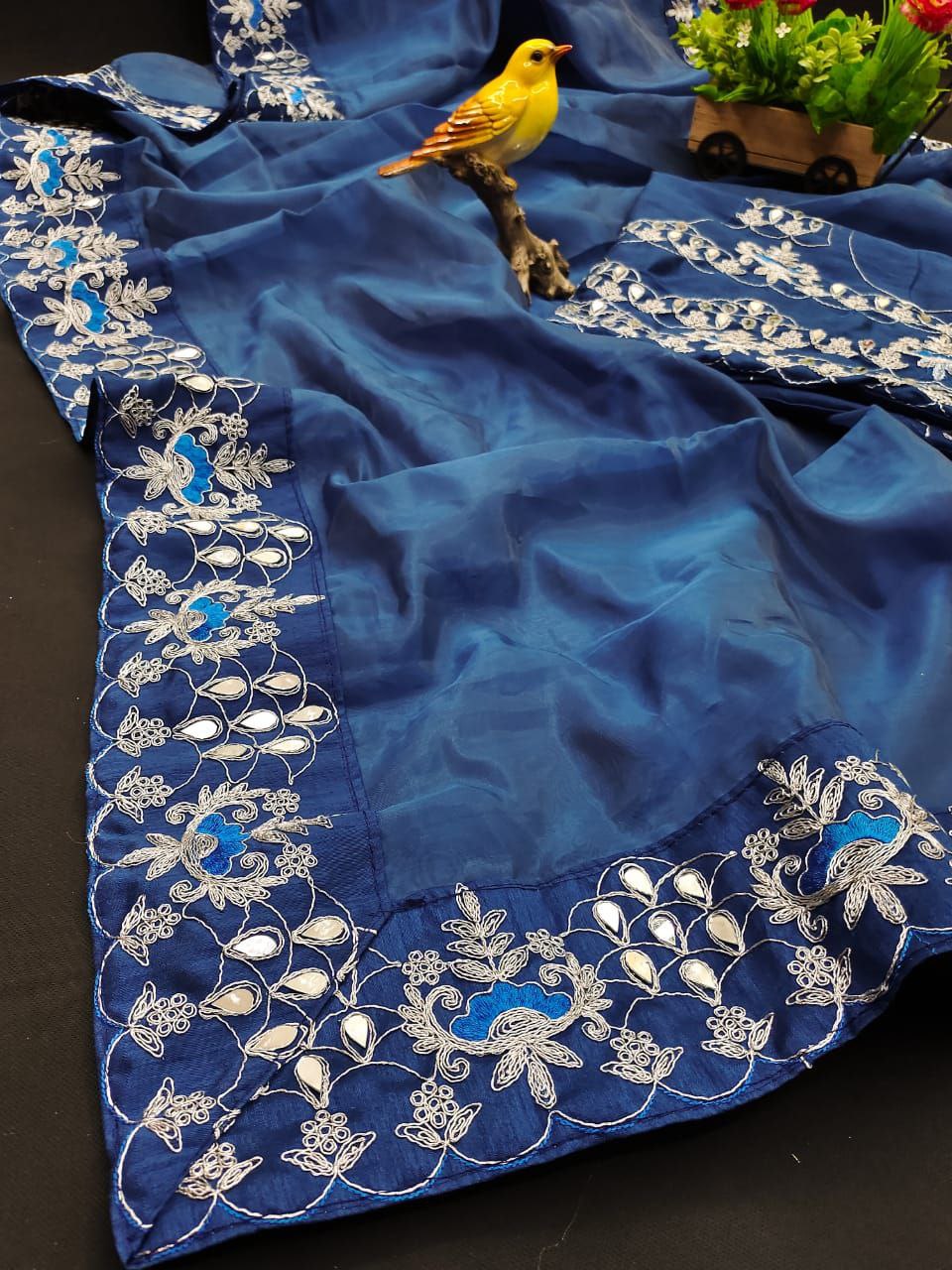 Blue Saree In Organza Silk With Thread Work