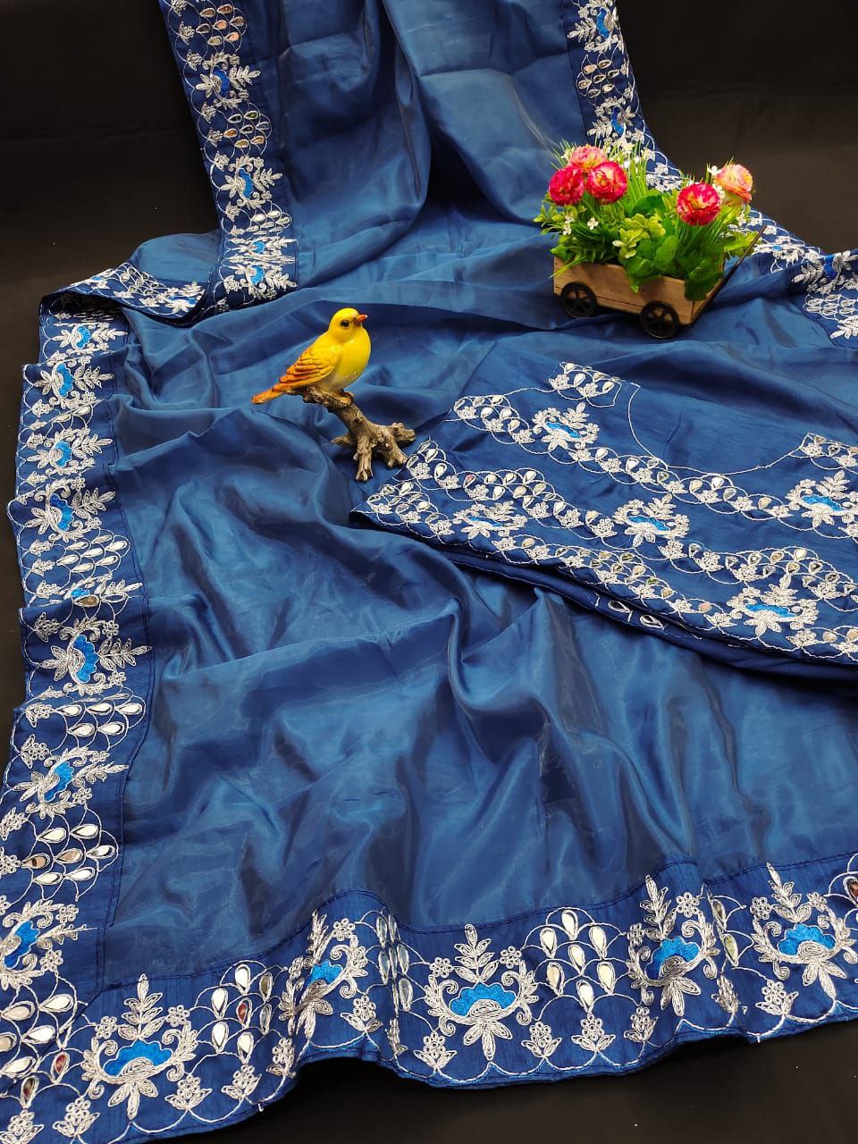 Blue Saree In Organza Silk With Thread Work