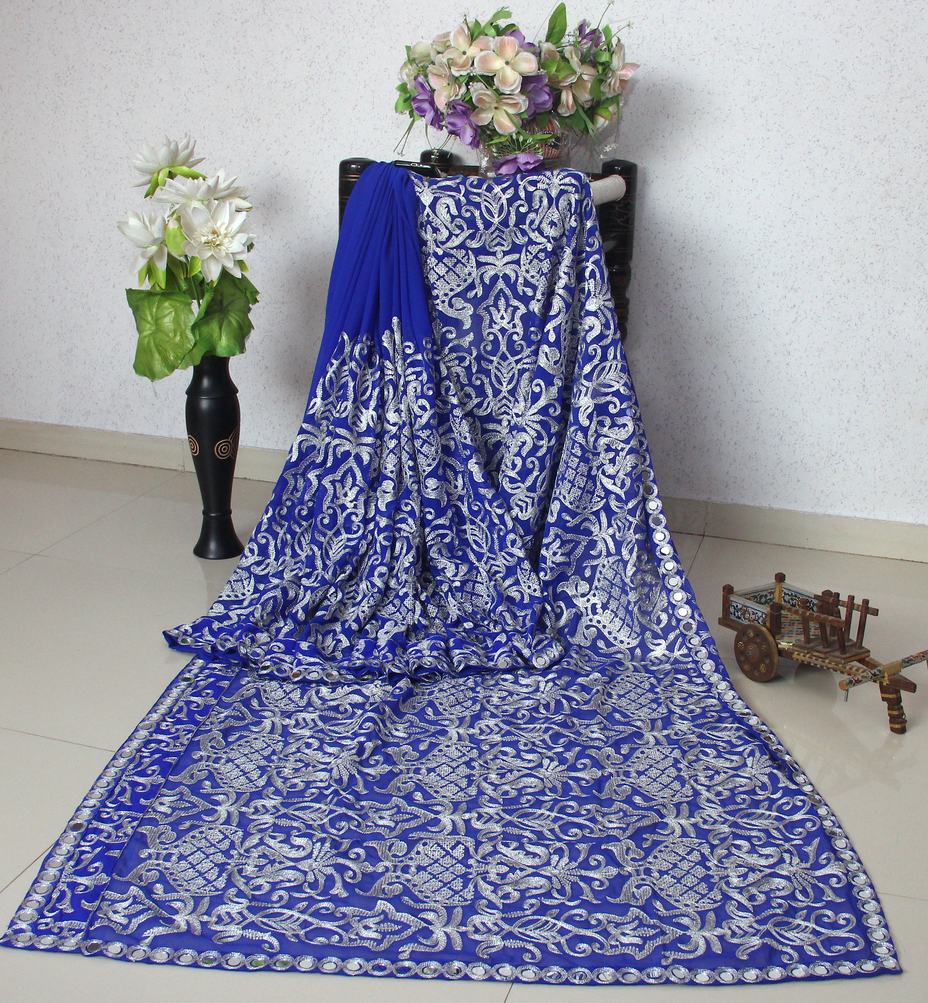 Blue Saree In Georgette Bember With Chain Stitch Work