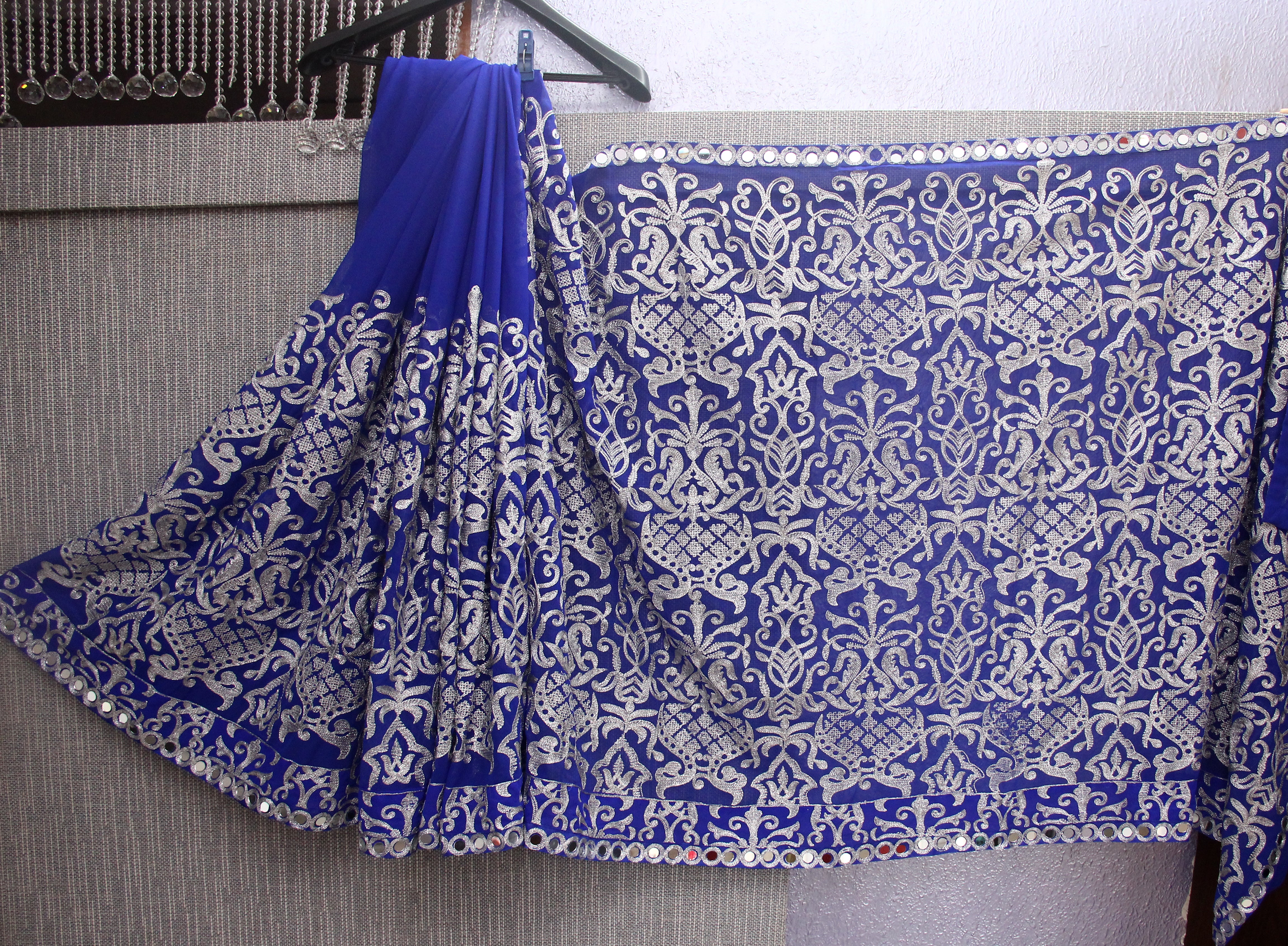 Blue Saree In Georgette Bember With Chain Stitch Work