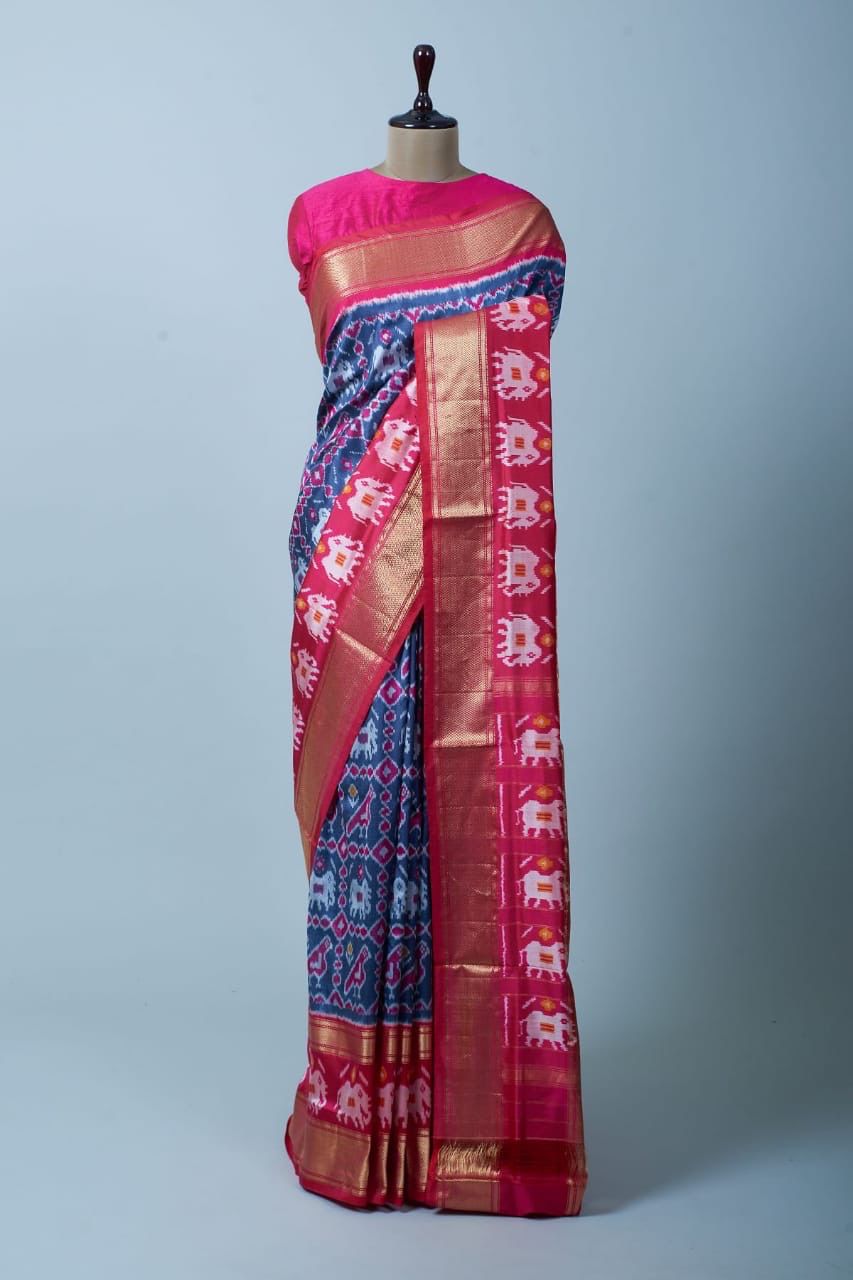 Blue Saree In Soft Vichitra Silk With Digital Print