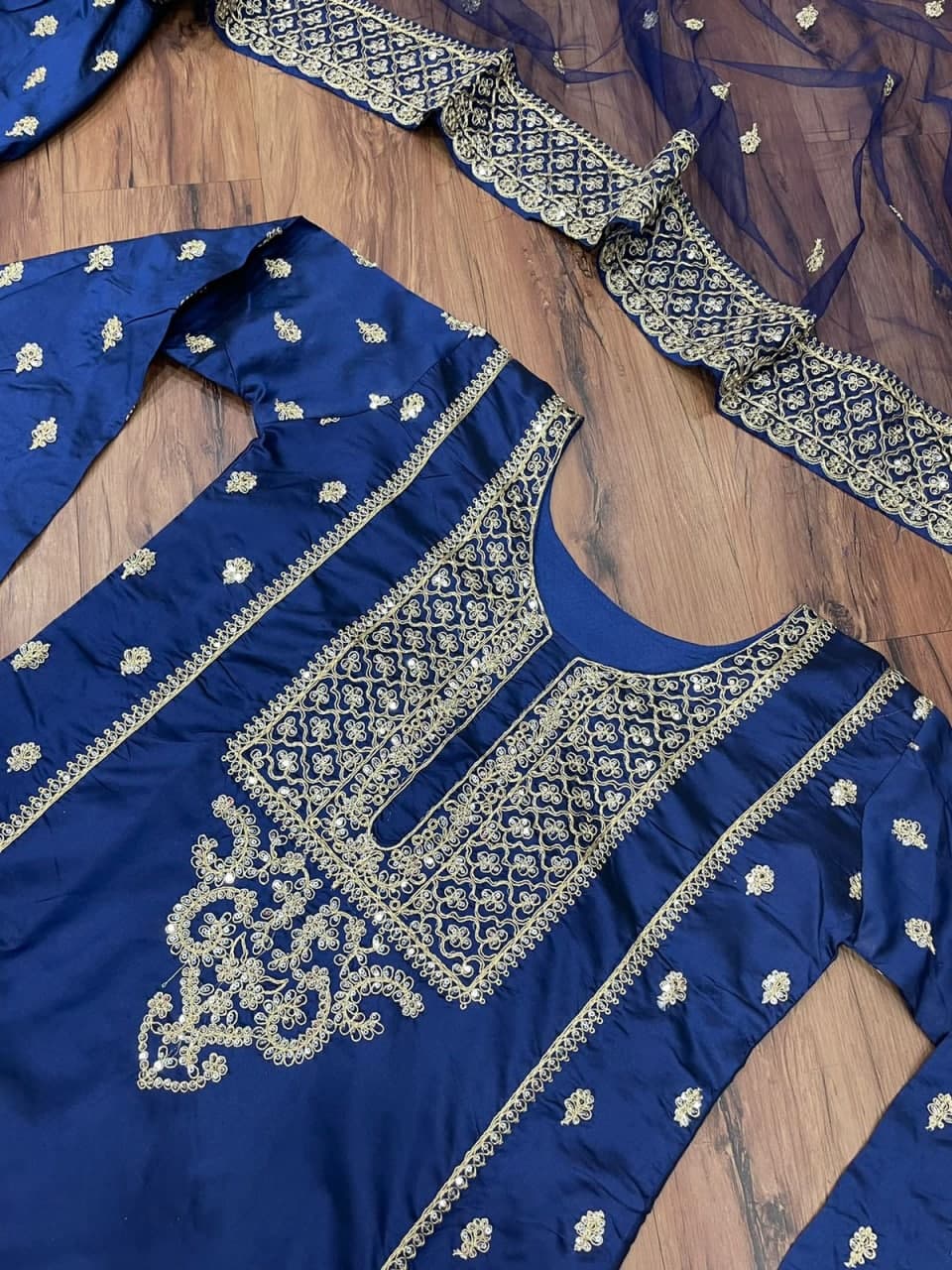 Blue Salwar Suit In Taffeta Silk With Cording Dori Work