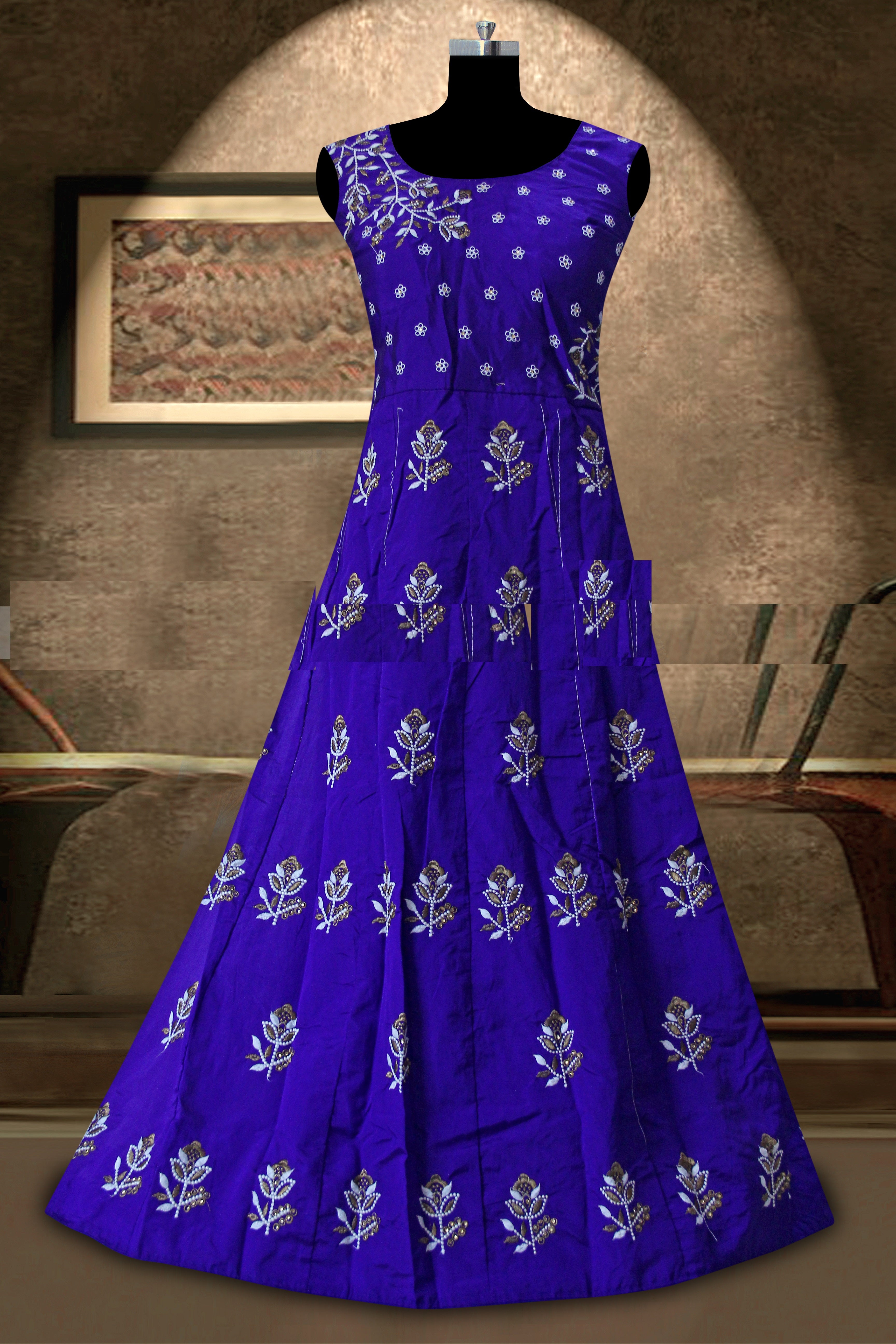 Blue Gown In Taffeta Silk With Fancy Thread Work