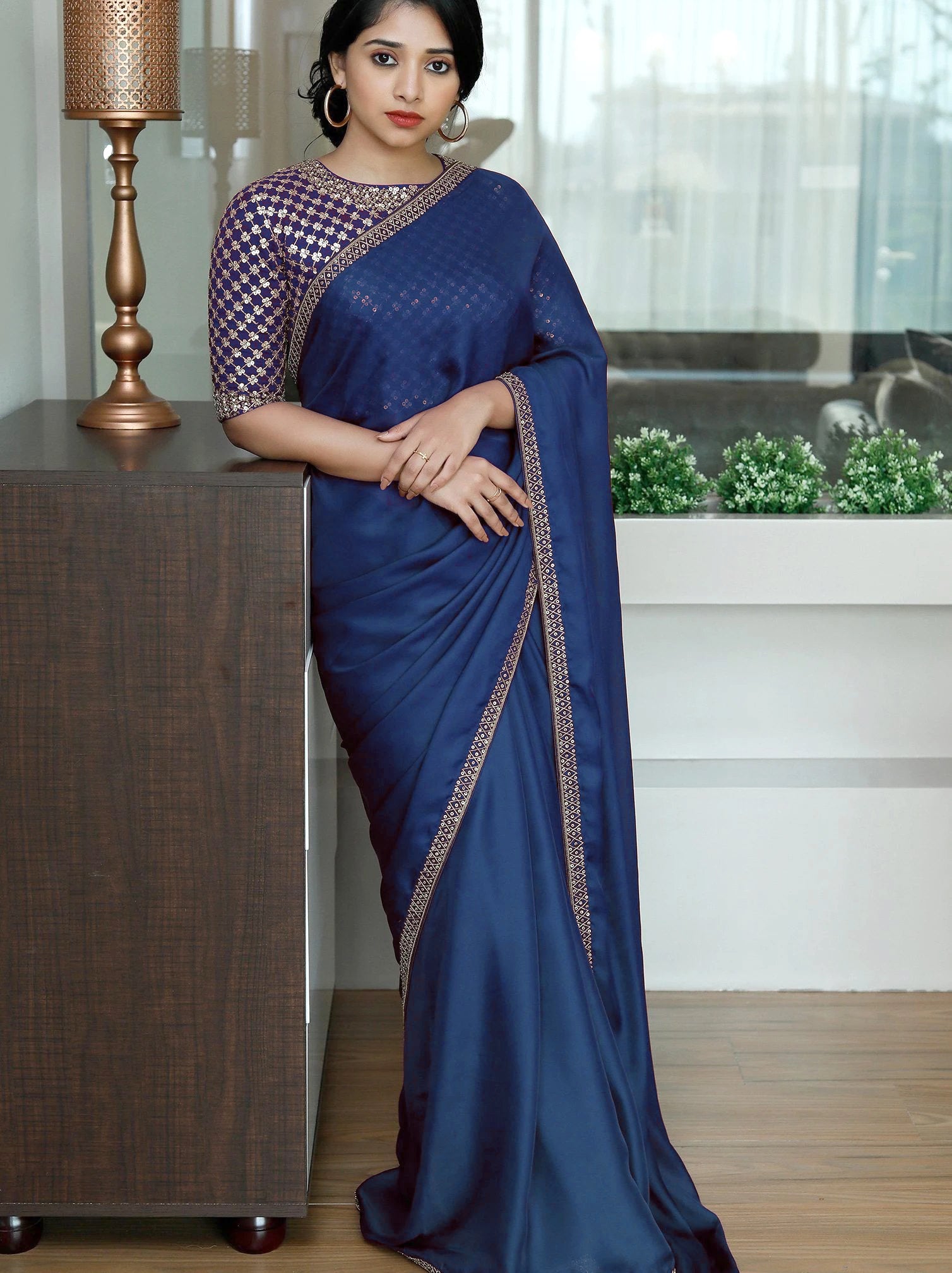 Blue Saree In Two Tone Silk With Sequence Work