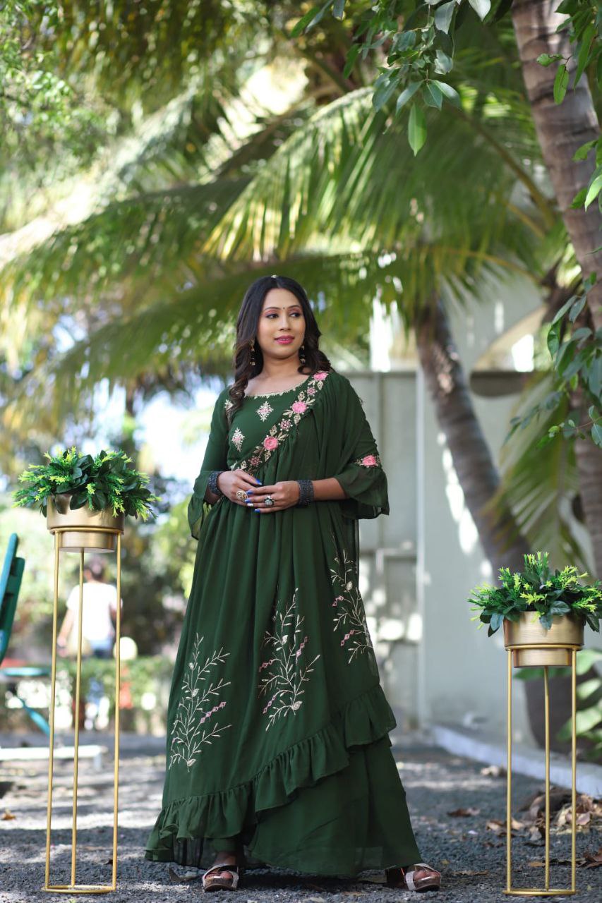 Bottle Green Gown In 60 GM Georgette Silk With Heavy Embroidery Work