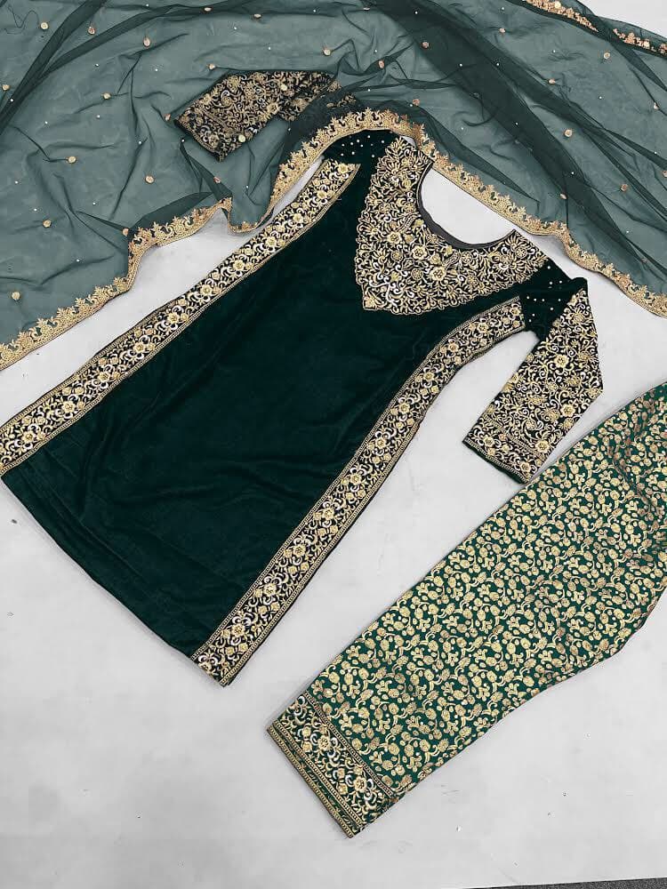 Bottle Green  Salwar Suit In 9000 Velvet With Embroidery Work