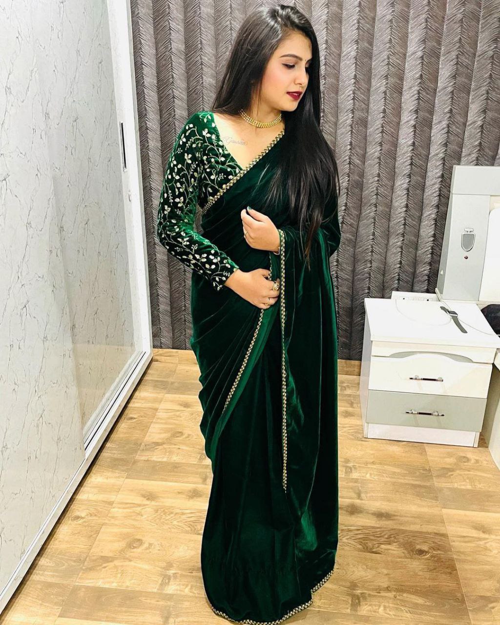 Bottle Green Saree In 9000 Velvet With Embroidery Work