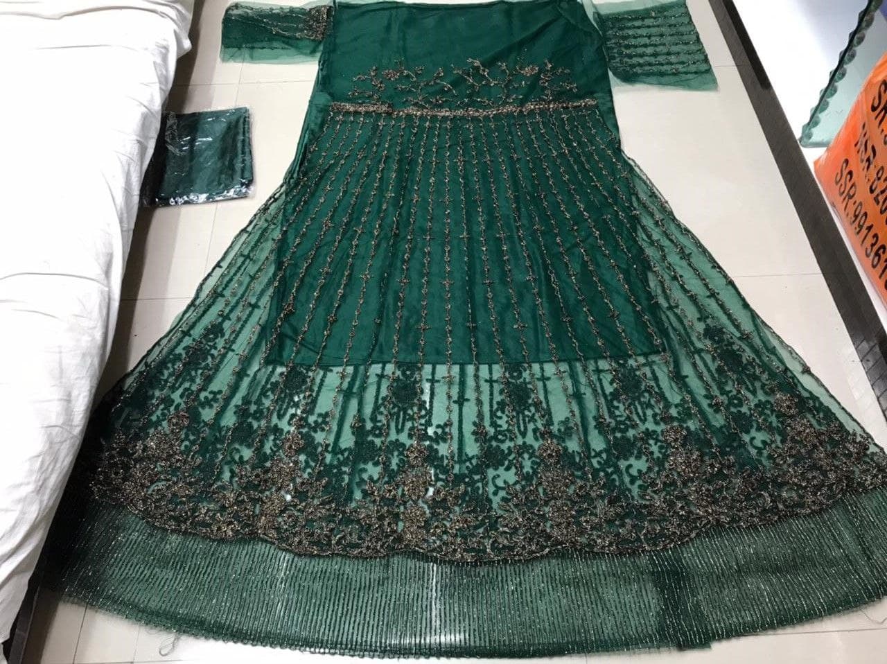 Bottle Green Gown In Butterfly Mono Net With Embroidery Work