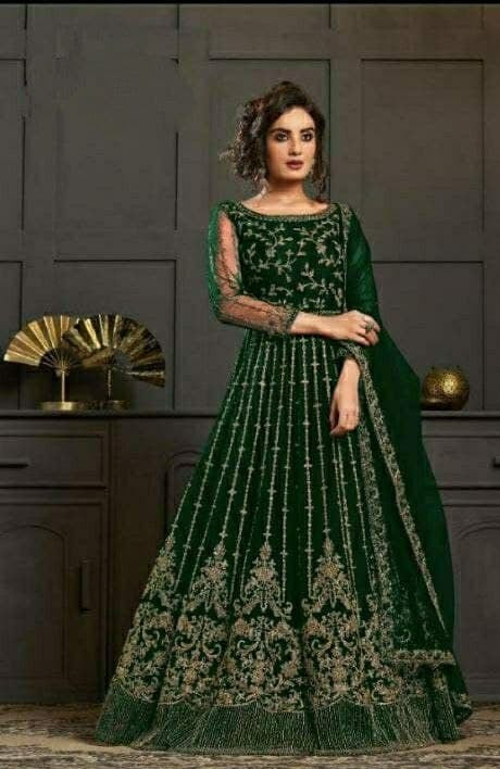 Bottle Green Gown In Butterfly Mono Net With Embroidery Work