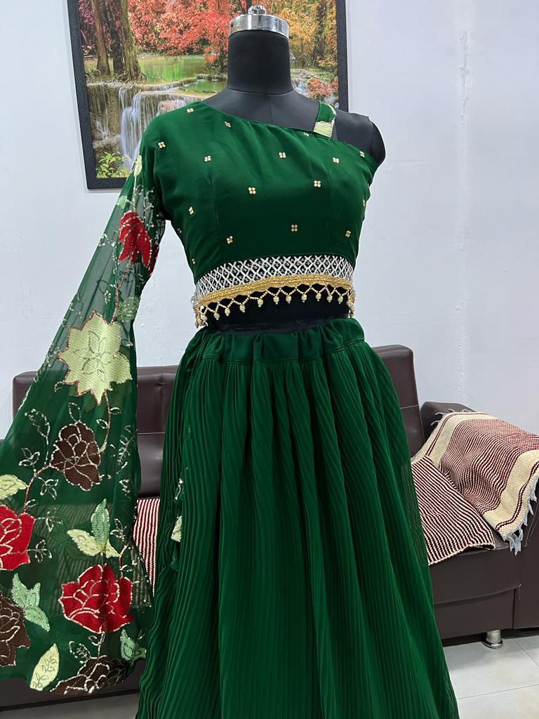 Bottle Green Lehenga Choli In Georgette Silk With Diamond Hand Work