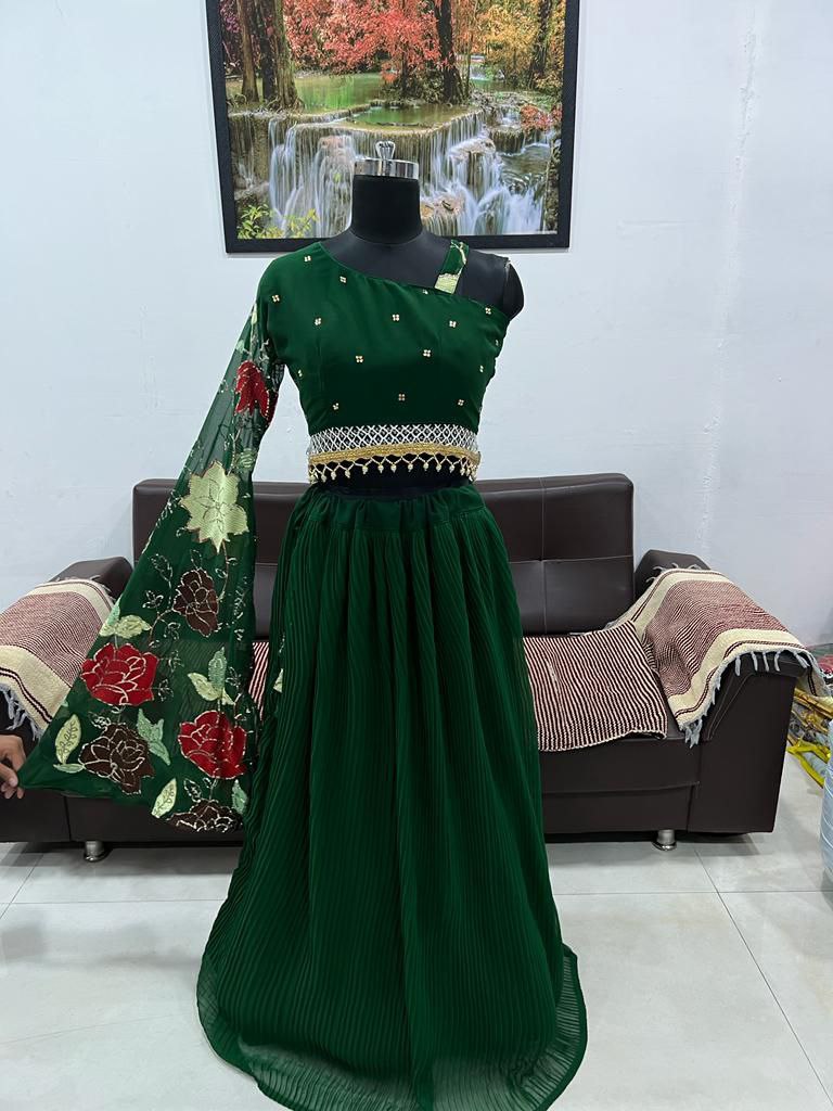 Bottle Green Lehenga Choli In Georgette Silk With Diamond Hand Work