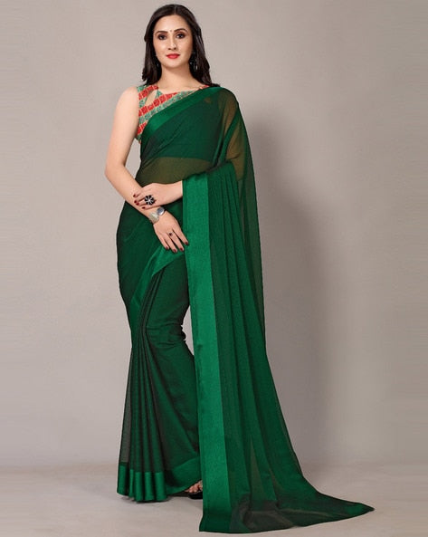 Bottle Green Saree In Georgette Silk With Plain