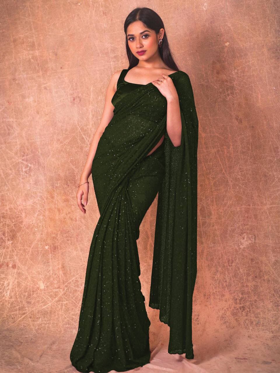Bottle Green Saree In Georgette Silk With Sequence Work