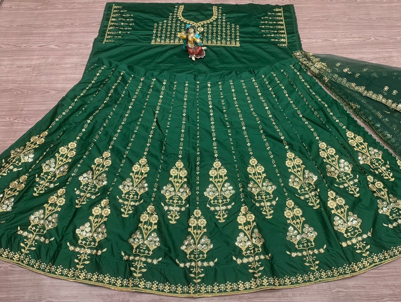 Bottle Green Lehenga Choli In Malai Satin Silk With Embroidery Work