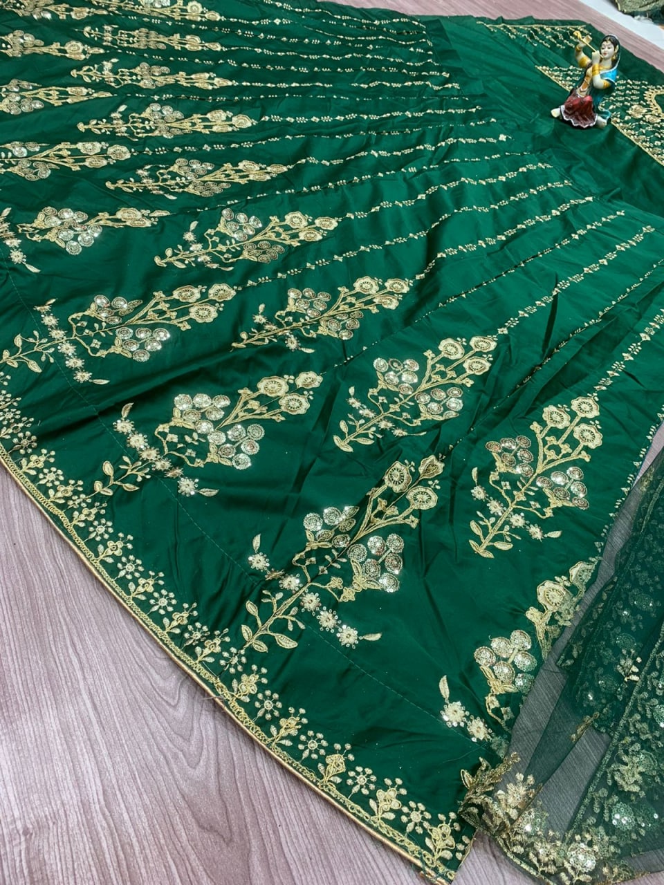 Bottle Green Lehenga Choli In Malai Satin Silk With Embroidery Work