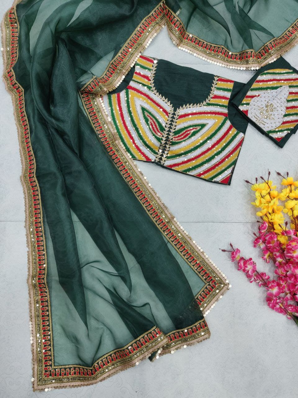 Bottle Green Saree In Organza Silk With Sequence Embroidery Work
