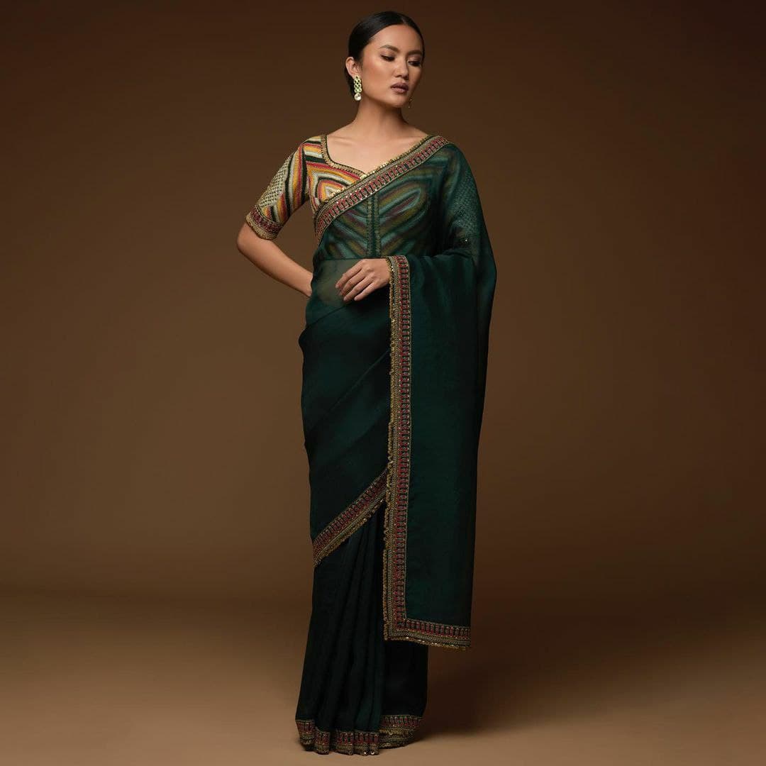 Bottle Green Saree In Organza Silk With Sequence Embroidery Work