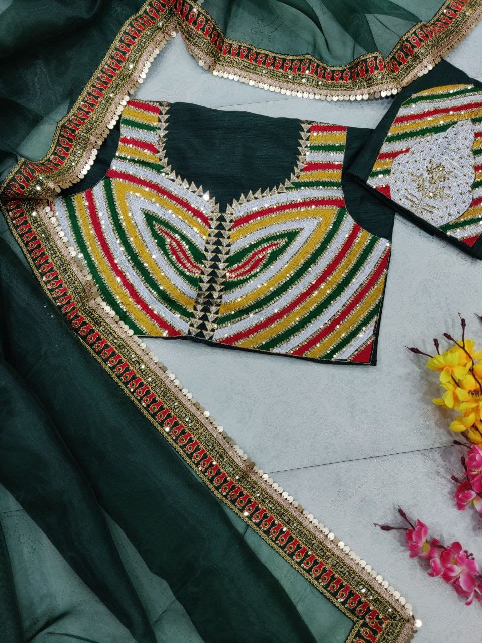 Bottle Green Saree In Organza Silk With Sequence Embroidery Work