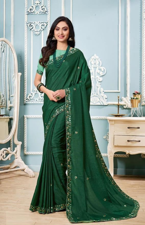 Green Saree In Vichitra Silk With Multi Embroidery Work