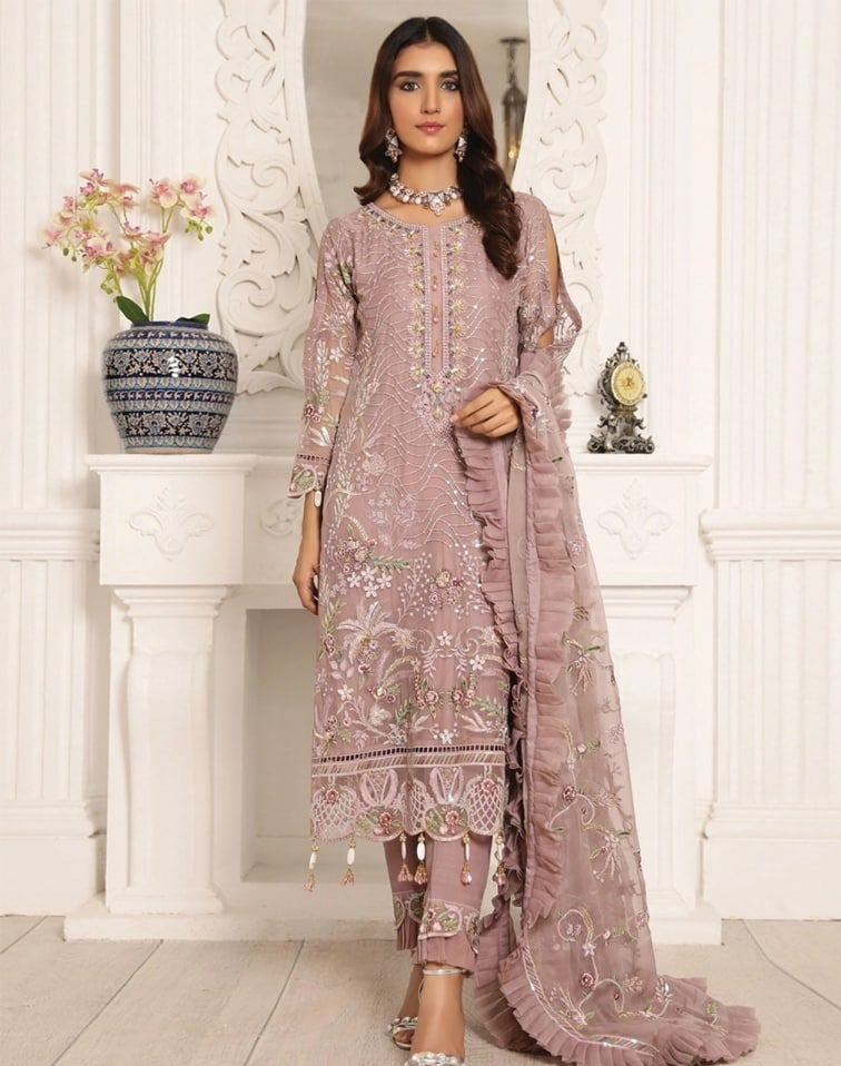 Brown Salwar Suit In Butterfly Mono Net With Embroidery Work