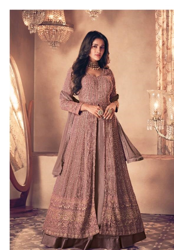 Brown Salwar Suit In Heavy Fox Georgette With Chain Stitch Work