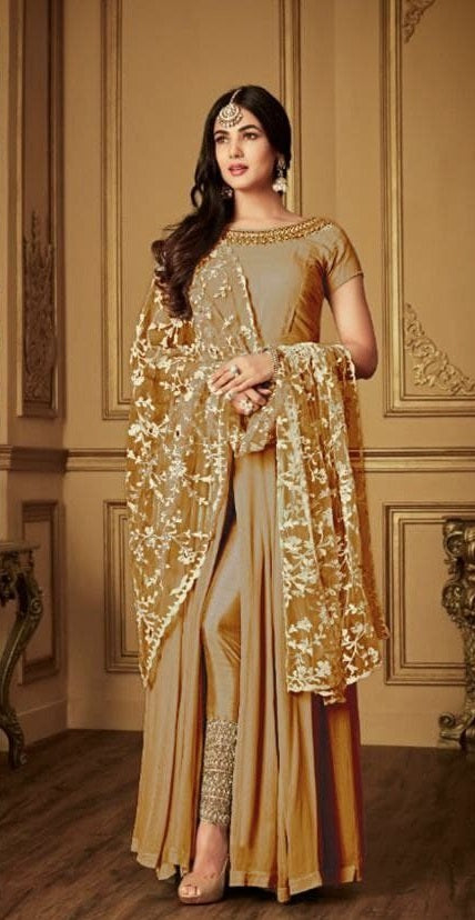 Brown Gown In Heavy Georgette With Cording Work