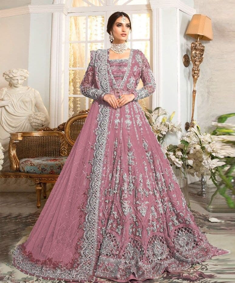 Cherry Pink Gown In Butterfly Mono Net With Embroidery Work