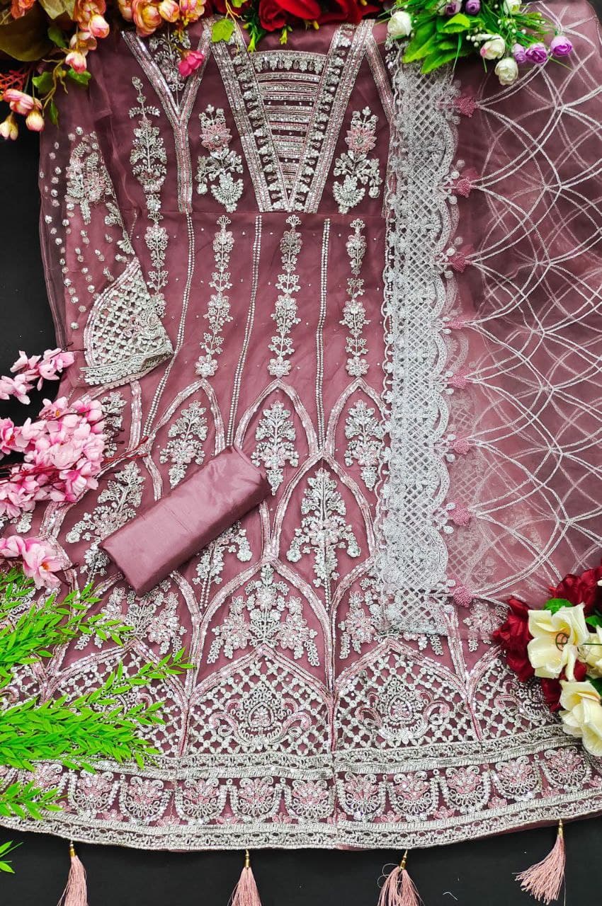 Cherry Pink Gown In Butterfly Mono Net With Embroidery Work