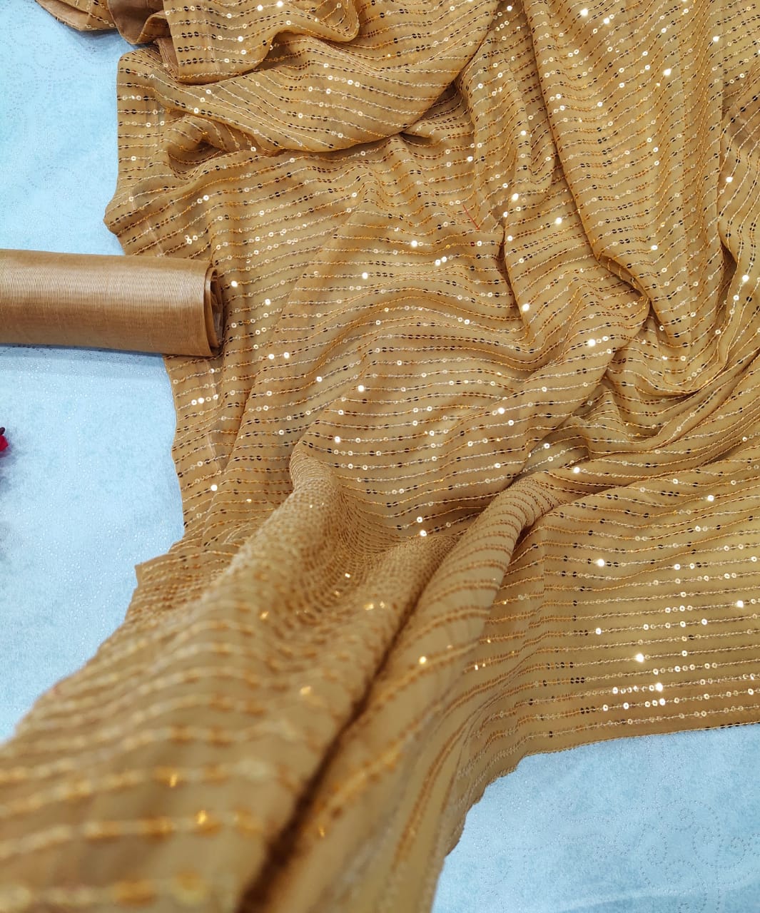 Chiku Saree In Georgette Silk With Sequence Work