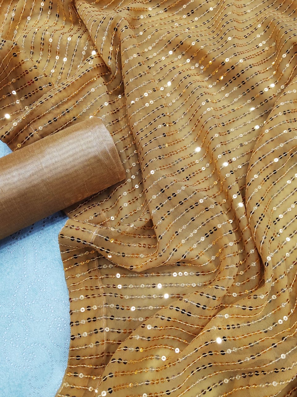 Chiku Saree In Georgette Silk With Sequence Work